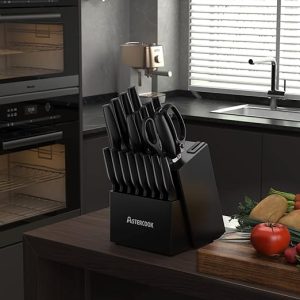 Knife Set, Astercook 21 Pieces Knife Sets for Kitchen with Block, Dishwasher Safe Kitchen Knife Set with Built-in Sharpener, German Stainless Steel Black Knife Block Set